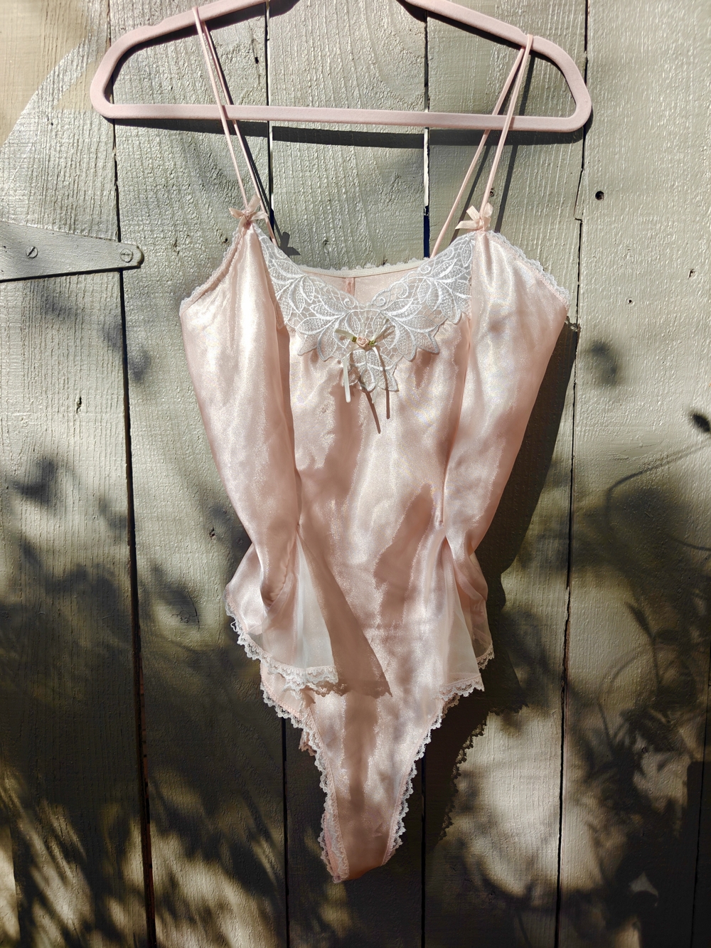 Delicate Vintage Pink Satin Lace-Trim Bodysuit